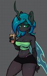 1_horn anthro anthrofied big_breasts black_body black_bottomwear black_clothing black_shorts bottomwear breasts cleavage clothed clothing container crop_top cup drinking_straw eyebrows eyeshadow female fishnet_clothing fishnet_gloves fishnet_handwear gloves green_clothing green_eyes green_eyeshadow green_hair green_topwear green_tube_top grey_background hair half-closed_eyes handwear holding_container holding_cup holding_object horn hotpants insect_wings looking_at_viewer makeup medium_hair midriff narrowed_eyes pink_clothing pink_thong pink_underwear raised_eyebrow shirt shorts simple_background solo thick_thighs thong topwear torn_clothing torn_gloves torn_handwear tube_top underwear wings cyvor friendship_is_magic hasbro my_little_pony queen_chrysalis_(mlp) arthropod changeling digital_drawing_(artwork) digital_media_(artwork) hi_res