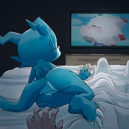 ambiguous_gender anthro bed blue_body butt detailed_background duo electronics featureless_crotch furniture humor inside lying nude on_bed reaching_towards_another rear_view shaking solo_focus television trembling watching_television rusho bandai_namco digimon digimon_ghost_game digimon_(species) gammamon human mammal veemon 1:1 hi_res