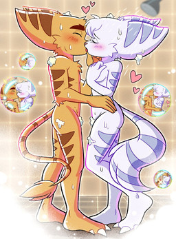 anthro bathing convenient_censorship duo ear_piercing eyes_closed feet female fluffy fluffy_tail fur heart_symbol holding_face kiss_on_lips kissing male male/female nude piercing robotic_arm romantic romantic_ambiance romantic_couple shower showering showering_together soap_bubbles suds tail white_body white_fur yellow_body yellow_fur manys_art insomniac_games ratchet_and_clank sony_corporation sony_interactive_entertainment ratchet_(ratchet_and_clank) rivet_(ratchet_and_clank) lombax mammal