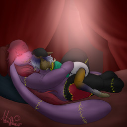 anthro clothed clothing cuddling diaper duo lying_on_another male male/male plushie wearing_diaper fledgedragonfox stuff'd_(fledgedragonfox) weko_(fledgedragonfox) angel animate_inanimate demon humanoid lagomorph leporid living_plushie mammal rabbit 1:1 trans_(lore) trans_man_(lore)