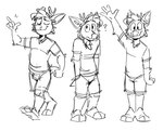 anthro antlers barefoot bottomwear clothing eyes_closed feet horn male question_mark shirt shorts simple_background smile snapping_fingers solo topwear walking white_background tinydeerguy darwin_(tinydeerguy) deer mammal hi_res monochrome sketch