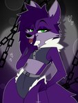 anthro blep chain clothing female fur gesture green_eyes hair hand_on_hip heart_symbol purple_body purple_fur purple_hair solo suggestive suggestive_gesture tongue tongue_between_fingers tongue_out m3ntalmutt hazbin_hotel mythology shi_okami canid canid_demon canine canis demon hellhound mammal mythological_canine mythological_creature 2024 3:4 hi_res signature