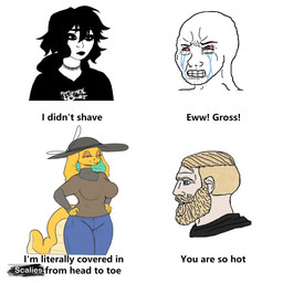 anthro big_hat clothing female hat headgear headwear orange_body scales simple_background snake_hood text yellow_eyes yairo chad_(meme) raquel_(yairo) cobra human mammal reptile scalie snake 1:1 digital_media_(artwork) english_text hi_res meme