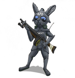 ambiguous_gender antennae_(anatomy) anthro armor camera claw_marks clothed clothed_anthro clothed_female clothing female female_anthro flashlight fully_clothed fully_clothed_anthro fully_clothed_female gun machine power_armor ranged_weapon reflection shotgun simple_background solo tape weapon white_background strega disney swat zootopia judy_hopps european_rabbit lagomorph leporid mammal oryctolagus rabbit hi_res