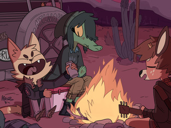 5_fingers acoustic_guitar anthro backpack beanie beverage_can black_hair black_nose boots brown_hair brown_nose cactus campfire car cheek_tuft clothed clothing crossed_arms desert detailed_background eyebrows eyes_closed facial_tuft fangs female fingers footwear frown fully_clothed fur green_body green_skin group guitar hair hat headgear headwear holding_object hoodie humanoid_hands inner_ear_fluff jacket laugh male musical_instrument on_ground open_mouth orange_body orange_fur outside plant playing_guitar playing_music plucked_string_instrument pupils shoes short_hair sitting slit_pupils smile string_instrument sweater tan_body tan_fur teeth tongue toony topwear tuft vehicle yellow_sclera cocadope crocodilian deer domestic_cat felid feline felis mammal reptile scalie 2017 digital_media_(artwork) hi_res shaded