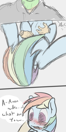 blue_body blue_feathers blue_fur blush bodily_fluids dialogue duo feathered_wings feathers female feral fur grope hair multicolored_hair rainbow_hair resting rubbing sitting sweat text wings mostazathy friendship_is_magic hasbro my_little_pony mythology anon rainbow_dash_(mlp) equid equine human mammal mythological_creature mythological_equine pegasus absurd_res english_text hi_res long_image tall_image