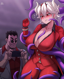 big_breasts blush bodily_fluids breasts clothing electronics female male not_furry phone sweat tentacles jmg helltaker beelzebub_(helltaker) protagonist_(helltaker) demon human humanoid mammal 2020 absurd_res hi_res