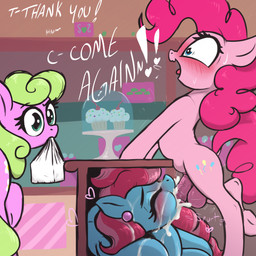 ahegao animal_genitalia animal_penis arched_back balls big_eyes black_outline blue_body blush bodily_fluids crossgender cum cum_in_mouth cum_inside cupcake dialogue ear_piercing ear_ring equine_genitalia equine_penis erection eyelashes eyes_closed fellatio female feral food ftg_crossgender fti_crossgender genital_fluids genitals group gynomorph gynomorph/female inside intersex intersex/female intraspecies looking_pleasured mature_female nude open_mouth oral outline penile penis penis_in_mouth piercing pink_body ring_piercing sex side_view standing stealth_sex text tongue toony trio under_table t72b friendship_is_magic hasbro my_little_pony mrs._cake_(mlp) pinkie_pie_(mlp) equid equine mammal 1:1 2023 absurd_res english_text hi_res