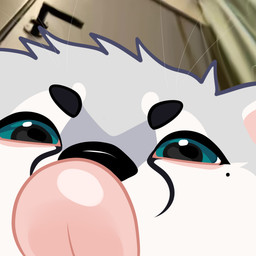 ambiguous_form ambiguous_gender black_eyebrows black_markings black_nose blue_eyes eyebrows fur grey_body grey_fur looking_at_viewer low-angle_view markings mole_under_eye photo_background pink_tongue solo tongue tongue_out whiskers white_body white_fur nollya nollya_(character) felid feline mammal 1:1 digital_media_(artwork) hi_res mixed_media photography_(artwork)