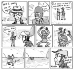 dialogue duo humor male not_furry outside sea seaside slouch_hat sunset text water unknown_artist team_fortress_2 valve sniper_(team_fortress_2) spy_(team_fortress_2) human mammal spycrab comic english_text greyscale monochrome