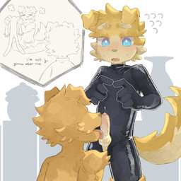 5_fingers adult_on_young age_difference anthro anthro_on_anthro arm_tuft balls black_latex blue_eyes blush blush_lines bodily_fluids bodysuit clothing countershading crotchless_clothing cum cutaway dialogue duo emanata erection eyebrows facial_tuft fingers floppy_ears fluffy fluffy_tail foreskin fur genital_fluids genitals glistening glistening_clothing grey_nose human_on_anthro humanoid_genitalia humanoid_penis interspecies kemono latex latex_clothing latex_skinsuit leaking_cum leg_grab looking_pleasured male male/male multicolored_body multicolored_fur nervous open_mouth orange_body orange_fur penis saliva shoulder_tuft simple_background size_difference skinsuit standing sweat sweatdrop tail tan_balls tan_body tan_eyebrows tan_fur tan_penis teeth text tight_clothing tuft two_tone_body two_tone_fur underwear yellow_body yellow_fur young young_anthro young_male regcron crowl_(regcron) william_(regcron) canid canine canis domestic_dog human mammal 1:1 2026 english_text hi_res multiple_scenes