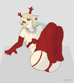 anthro areola areola_slip armwear bent_legs big_breasts breasts christmas_clothing christmas_decorations christmas_ornament clothing ear_piercing ear_ring elbow_gloves eyelashes female frown garter_belt garter_straps gloves handwear holidays hooves jewelry legs_up legwear long_eyelashes looking_at_viewer lying makeup mature_female necklace nipple_outline ornament panties piercing ribbons ring_piercing sagging_breasts simple_background solo stockings tear_trough underwear bunpicker christmas deltarune undertale_(series) carol_holiday 2025 colored digital_media_(artwork) hi_res procreate_(artwork) restricted_palette
