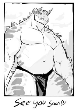 anthro bottomwear clothed clothing front_view horn loincloth loincloth_only looking_at_viewer male musclegut muscular muscular_anthro muscular_male sharp_teeth shirtless solo spikes teeth topless wandwess fallout microsoft deathclaw reptile scalie hi_res monochrome sketch