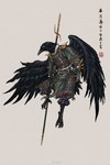 anthro armor asian_clothing barefoot chinese_clothing clothed clothing east_asian_clothing fantasy feet flying fully_clothed lamellar_armor male melee_weapon polearm robe solo spear text warrior weapon white_eyes wings muyang_fort twenty-eight_mansions avian bird corvid oscine passerine 2021 chinese_text hi_res