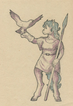 anthro blue_mane clothed clothed_anthro clothing female hooves mane melee_weapon polearm simple_background solo spear standing tail unguligrade weapon adeptus-monitus avian bird equid equine horse mammal pony traditional_media_(artwork)