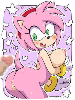 accessory anthro anus big_breasts blush bodily_fluids bracelet breasts butt clothing duo female fur genitals gloves green_eyes grin hair_accessory hairband handwear heart_symbol jewelry male musical_note musical_symbol nipples nude nude_female penis pink_body pink_fur pink_nipples purple_background simple_background smile star_symbol sweat symbol tail tan_body tan_skin vulva ketsumo_town sega sonic_the_hedgehog_(series) amy_rose eulipotyphlan hedgehog human mammal 3:4 censored hi_res mosaic_censorship