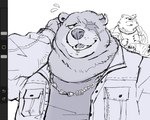 2024 anthro art_program_in_frame bear ben_bigger bodily_fluids chain_necklace clothing digital_media_(artwork) eye_scar facial_scar hand_on_head hi_res jacket jewelry line_art macholobo male mammal mihoyo monochrome necklace notched_ear overweight overweight_male procreate_(artwork) procreate_(copyright) scar shirt sitting sitting_on_ground smile solo sweat topwear zenless_zone_zero