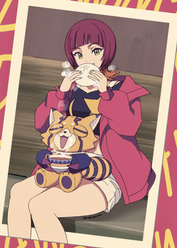 anthro beverage container cup duo eating eyes_closed female fur furniture hair meat_bun orange_body orange_fur red_hair sitting smile sofa tea tea_cup mas_square bandai_namco digimon digimon_beatbreak reina_sakuya digimon_(species) human mammal pristimon hi_res