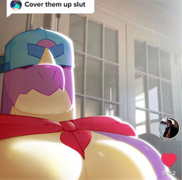 anthro big_muscles big_pecs cape clothing comment exposed_chest hat headgear headwear horn looking_at_viewer male muscular muscular_male pecs purple_body screencap social_media solo firemauer brawl_stars cover_them_up_slut supercell_(company) tiktok buzz_(brawl_stars) pierce_(brawl_stars) dinosaur prehistoric_species reptile scalie hi_res meme