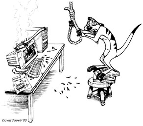 anthro axe broken_glass computer_keyboard felling_axe feral furniture glass implied_suicide keyboard male noose smoke solo standing_on_books table text wood wood_furniture wood_table david_sauve disney the_lion_king timon herpestid mammal meerkat 1995 black_and_white digital_media_(artwork) english_text monochrome pixel_(artwork) sketch tagme