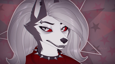 abstract_background anthro clothing collar ear_piercing eyebrow_piercing facial_piercing female hair looking_at_viewer piercing solo spiked_collar spikes teeth x-rom hellaverse helluva_boss mythology loona_(helluva_boss) canid canid_demon canine demon hellhound mammal mythological_canine mythological_creature 16:9 hi_res widescreen