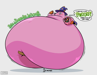 belly belly_squish big_belly black_eyebrows black_eyes blue_cape blue_clothing blue_hat blue_headwear blush broom broom_riding burping candy candy_bucket candy_corn cape chocolate chubby_cheeks cleaning_tool clothing dessert eyebrows eyelashes female food handwear hat headgear headwear holding_candy holding_candy_bucket holding_food holding_object holidays huge_belly hyper hyper_belly light measurement mittens morbidly_obese morbidly_obese_female motion_lines mouth_closed noseless not_furry obese obese_female onomatopoeia orange_clothing orange_handwear orange_mittens overweight overweight_female pink_body rumbling_stomach simple_background solo sound_effects speech_bubble squish text witch_costume witch_hat yelling solitaryscribbles bandai_namco halloween pac-man_(series) pinky_(pac-man) ghost spirit 2023 colored digital_drawing_(artwork) digital_media_(artwork) english_description english_text hi_res lighting shaded