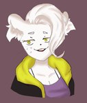 anonymous_artist anthro capslokked clothed clothing fancy_rat female hair mammal mouse murid murine open_mouth pollie_(capslokked) rat rodent simple_background smile solo whiskers white_body white_hair yellow_eyes