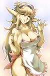 5_fingers accessory apron apron_only band_accessory bangs big_breasts biped blonde_eyebrows blonde_hair breasts clothed clothing eyebrows female fingers hair hair_accessory hairband humanoid_pointy_ears light_body light_breasts light_ears light_face light_hair light_skin long_hair monotone_body monotone_breasts monotone_face monotone_hair monotone_skin mostly_nude multicolored_apron multicolored_clothing not_furry open_mouth pink_apron pink_clothing pink_tongue pointy_ears side_bangs simple_background skimpy small_waist solo spread_fingers teeth tongue two_tone_apron two_tone_clothing white_apron white_clothing yellow_body yellow_breasts yellow_ears yellow_face yellow_skin hisahiko elf humanoid 2:3