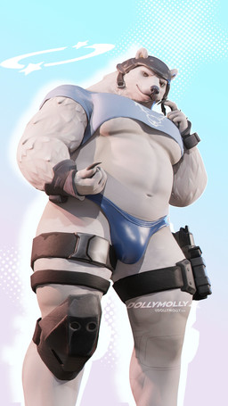 anthro armor barazoku belly biceps biped black_nose bulge clothing crop_top fur gun headgear helmet holster low-angle_view male musclegut muscular muscular_anthro muscular_male navel pecs ranged_weapon shirt smile solo thong topwear underwear weapon white_body white_fur dollymolly323 arca_(musician) epic_games fortnite polar_patroller bear mammal polar_bear ursine 2023 3d_(artwork) 4k 9:16 absurd_res blender_(artwork) digital_media_(artwork) hi_res