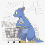 anthro blue_body featureless_crotch inside notched_ear nude shelf shopping shopping_cart solo tail yellow_body yellow_eyes louart mythology dragon mythological_creature mythological_scalie scalie 1:1 2024 absurd_res digital_media_(artwork) hi_res signature