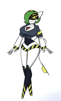 big_breasts breasts clothed clothing female fusion green_hair hair hazard_stripes headgear headwear machine screen_eyes simple_background solo syringe tail white_body yellow_eyes pace-maker glitch_productions murder_drones nintendo pokemon android disassembly_drone gardevoir generation_3_pokemon humanoid mammal pokemon_(species) robot robot_humanoid tailed_humanoid crossover hi_res