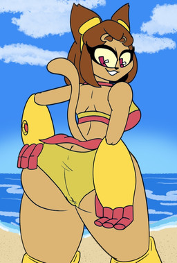 anthro armwear beach big_butt bikini bottomwear breasts butt butt_grab clothing cloud eyelashes eyewear eyewear_on_head female gloves goggles goggles_on_head hand_on_butt handwear legwear looking_back miniskirt panties rear_view sand skirt sky smile solo swimwear tail two-piece_swimsuit underwear crazy_8_animations gameoverse glitch_productions kit_bodega domestic_cat felid feline felis mammal