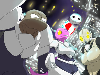 anthro armor big_breasts breasts city clothed clothing female fur group lights machine male mask night non-mammal_breasts outside smile space uniform triplepistacho alien lizard reptile robot scalie 4:3 hi_res