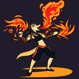 anthro biped black_bottomwear black_clothing black_hair black_pants bottomwear breasts breath_powers chain clothed clothed_anthro clothed_female clothing elemental_manipulation female fingers fire fire_breathing fire_manipulation fist green_sclera grey_background hair humanoid_hands long_hair medium_breasts navel non-mammal_breasts non-mammal_navel open_mouth pants ponytail red_eyes shadow simple_background solo yellow_body bookbin cavemanon_studios i_wani_hug_that_gator miquella_ashtail dinosaur prehistoric_species reptile scalie 1:1 colored hi_res shaded