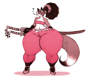 accessory anthro belt biped bottom_heavy bottomwear breasts clothed clothing countershade_fur countershading curvy_figure dipstick_ears dipstick_tail ear_markings eyes_closed female footwear fur hair hair_accessory hair_tie high_heels huge_hips huge_thighs hyper hyper_hips hyper_thighs japanese_sword katana long_hair markings melee_weapon midriff multicolored_body multicolored_ears multicolored_fur navel odachi orange_body orange_fur pants ponytail shoes small_breasts solo sword tail tail_markings thick_thighs topwear tube_top weapon white_body white_fur wide_hips itzjaylock canid canine fox mammal hi_res