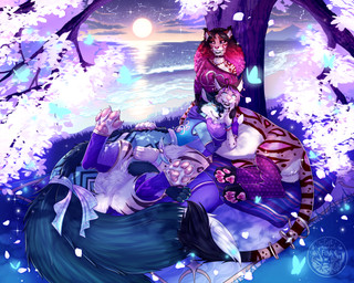 2_tails accessory black_nose black_sclera blue_body blue_fur breasts choker clothed clothing detailed_background fangs female fur furgonomics group jewelry markings multi_tail necklace pawpads pink_nose pink_pawpads plant ring ring_(marking) ringed_tail sabertooth_(anatomy) striped_markings striped_tail stripes tail tail_accessory tail_jewelry tail_markings tail_ring teeth toony tree trio thecatnamedfish fish_(thecatnamedfish) jc_(blackblood-queen) voxian ambient_arthropod ambient_butterfly ambient_insect canid canid_taur canine canine_taur chakat felid felid_taur feline feline_taur fox fox_taur lynx lynx_taur mammal mammal_taur pantherine pantherine_taur taur tiger tiger_taur 5:4 detailed hi_res herm_(lore)