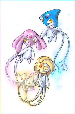 2_tails ambiguous_gender border floating glowing grey_body group half-closed_eyes lake_guardians legendary_trio looking_aside looking_back multi_tail multicolored_border narrowed_eyes open_mouth simple_background tail trio white_background yellow_eyes nadou nintendo pokemon azelf generation_4_pokemon legendary_pokemon mesprit pokemon_(species) uxie 2008 graphite_(artwork) marker_(artwork) mixed_media traditional_media_(artwork)