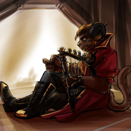 anthro bard harp male musical_instrument plucked_string_instrument solo string_instrument raemyshu final_fantasy final_fantasy_xiv square_enix hawkpelt felid hrothgar mammal 1:1 hi_res