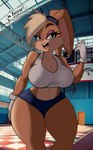 accessory anthro big_breasts biped blonde_hair blue_bottomwear blue_clothing blue_shorts bottomwear breasts clothing crop_top curvy_figure ears_as_hair female fur hair hair_accessory hair_tie long_hair looking_at_viewer orange_body orange_fur seductive shirt shorts small_waist solo thick_thighs tight_clothing topwear white_clothing white_top white_topwear wide_hips yokuart-mashingon looney_tunes warner_brothers lola_bunny lagomorph leporid mammal rabbit hi_res