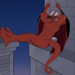 anthro brick brick_wall claws ear_piercing ear_ring eyewear hair hands_behind_head male muscular night nude piercing red_body red_skin ring_piercing solo star sunglasses wall_(structure) white_hair wings smagma third-party_edit disney gargoyles brooklyn_(gargoyles) gargoyle absurd_res hi_res