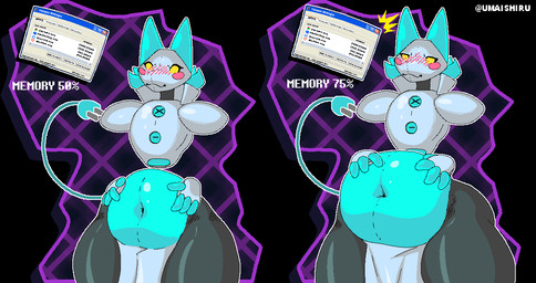 anthro belly belly_overhang big_belly bloated blush deep_navel female machine navel overweight overweight_anthro overweight_female solo text thick_thighs weight_gain wide_hips umaishiru deltarune undertale_(series) tasque_manager darkner robot english_text