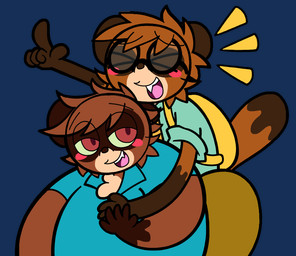 5_fingers >_< ambiguous_gender anthro backpack blue_clothing blue_shirt blue_topwear blush blush_stickers bottomwear brown_body brown_bottomwear brown_clothing brown_pants chest_tuft clothed clothing duo emanata eyes_closed eyewear facial_markings fingers fully_clothed gesture glasses gloves_(marking) green_clothing green_sclera green_shirt green_topwear hair half-closed_eyes hand_gesture head_markings looking_at_another markings mask_(marking) narrowed_eyes nerd open_mouth open_smile pants pointing pointing_up raised_tail red_eyes round_eyes round_head shirt short_hair simple_background smile tail tan_body teeth thick_lines toony topwear transparent_background tuft wearing_glasses yellow_backpack young coffeeco conditional_dnp pompo ruy_(coffeco) canid canine mammal raccoon_dog tanuki alpha_channel digital_drawing_(artwork) digital_media_(artwork) flat_colors adult_(lore) brother_(lore) brothers_(lore) sibling_(lore)