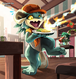 ambiguous_gender anthro bread cafe chibi clothing croissant detailed_background duo fire flower food hat headgear headwear horn kemono pastry plant semi-anthro tail blitzdrachin conditional_dnp mythology keranas crocodile crocodilian dragon mythological_creature mythological_scalie reptile scalie