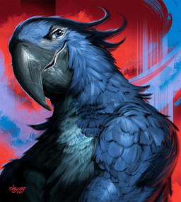beak black_beak blue_body blue_eyes blue_feathers deltoids feathers looking_aside male red_background simple_background smile solo text year finbeard blu_(blubirdboi) avian bird macaw neotropical_parrot parrot spix's_macaw true_parrot absurd_res artist_name bust_portrait digital_media_(artwork) digital_painting_(artwork) hi_res painting_(artwork) portrait signature
