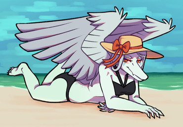 anthro beach bent_leg bikini black_bikini black_clothing black_swimwear breasts butt clothed clothed_anthro clothed_female clothing day elbow_feathers feathered_wings feathers feet female fingers grey_body grey_feathers grey_hair hair hat headgear headwear humanoid_feet humanoid_hands long_hair looking_at_viewer medium_breasts non-mammal_breasts orange_eyes outside plantigrade sand sky smile solo sun_hat swimwear text toes two-piece_swimsuit water wings bookbin goodbye_volcano_high ko_op_(game_developer) fang_(gvh) prehistoric_species pterosaur reptile scalie artist_name colored hi_res shaded watermark