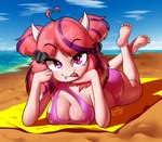 2020 5_toes barefoot beach bikini breasts cleavage clothed clothing cloud eyelashes feet female hi_res horn horned_humanoid humanoid humanoid_feet ironmouse leqha looking_at_viewer lying not_furry on_front plantigrade purple_eyes sea seaside sky smile soles solo swimwear toes tongue tongue_out towel vshojo vtuber water