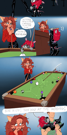 alternative_fashion anthro ball billiard_ball billiard_table billiards blue_eyes blush clothing competitive_bet dialogue female fur furniture grey_body grey_fur group hair human_on_anthro interspecies male male/female open_mouth orange_body orange_fur profanity punk red_hair shirt smile table text topwear trio captainjingo aidy_(captainjingo) zeppelin_(captainjingo) felid feline human mammal murid murine rat rodent 2025 absurd_res comic english_text hi_res