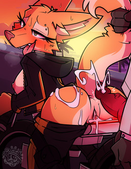 anthro bent_over bodily_fluids bottomwear bottomwear_down breasts brown_body brown_fur butt clothed clothing cum cum_in_vagina cum_inside cum_on_butt cumshot duo ejaculation eyebrow_piercing eyelashes facial_piercing female fluffy fluffy_tail fur genital_fluids inner_ear_fluff jacket looking_pleasured male male/female open_clothing open_jacket open_mouth open_topwear orange_body orange_fur outside pants pants_down partially_clothed piercing presenting presenting_hindquarters sky smile sunset tail tail_grab tongue tongue_out topwear tuft bbsartboutique dreamworks the_bad_guys diane_foxington mr._wolf_(the_bad_guys) canid canine canis fox mammal northwestern_wolf red_fox true_fox wolf absurd_res hi_res
