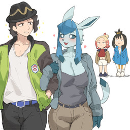 anthro anthrofied black_clothing black_topwear blue_body blue_ears blue_fur blue_tail blush bottomwear breasts cleavage clothed clothing female fingers fully_clothed fur green_clothing green_topwear grey_clothing grey_topwear group headgear headwear male pokemorph red_tongue small_waist tail tongue topwear iepelppa nintendo pokemon pokemon_legends_z-a lida_(pokemon) paxton_(pokemon) taunie_(pokemon) eeveelution generation_4_pokemon glaceon human mammal pokemon_(species) 1:1 2025 absurd_res hi_res