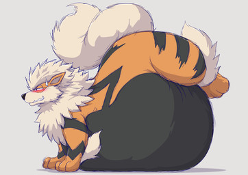 ambiguous_gender belly big_belly black_belly black_stripes blush feral fur huge_belly morbidly_obese obese orange_body orange_ears orange_legs overweight simple_background solo stripes tail white_background white_body white_fur white_tail shikizshigls nintendo pokemon arcanine generation_1_pokemon pokemon_(species) 2026 cel_shading digital_drawing_(artwork) digital_media_(artwork) hi_res shaded